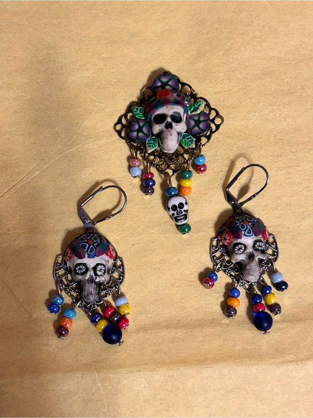 Colorful Skull Day of the Dead Earrings and Brooch Set